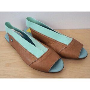 Cloud Caliber Turquoise Blue Brown Peep Toe Leather Slingback Sandals 41 US 10